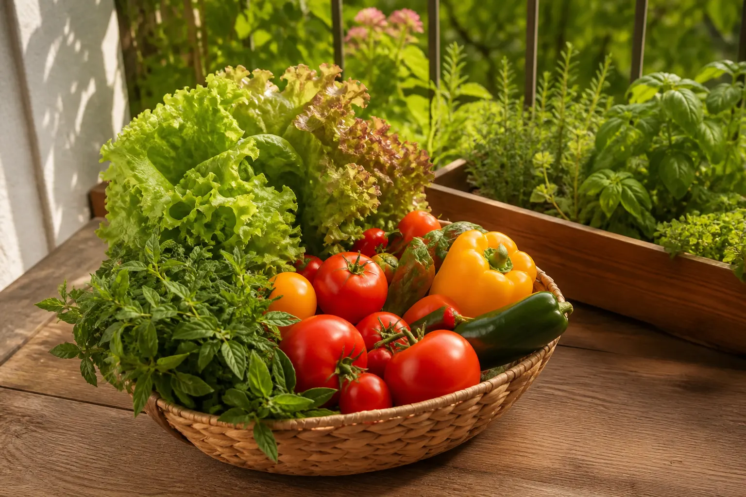 Hierbas aromáticas recién cosechadas junto a una jardinera
